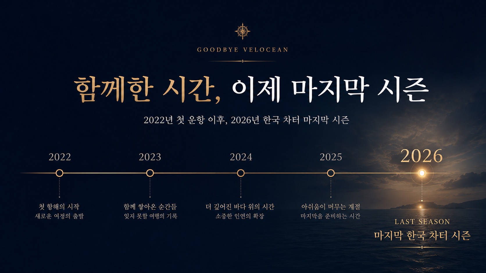 함께한 시간, 이제 마지막 시즌 — 2022년 첫 운항부터 2026년 마지막 한국 차터 시즌까지의 타임라인